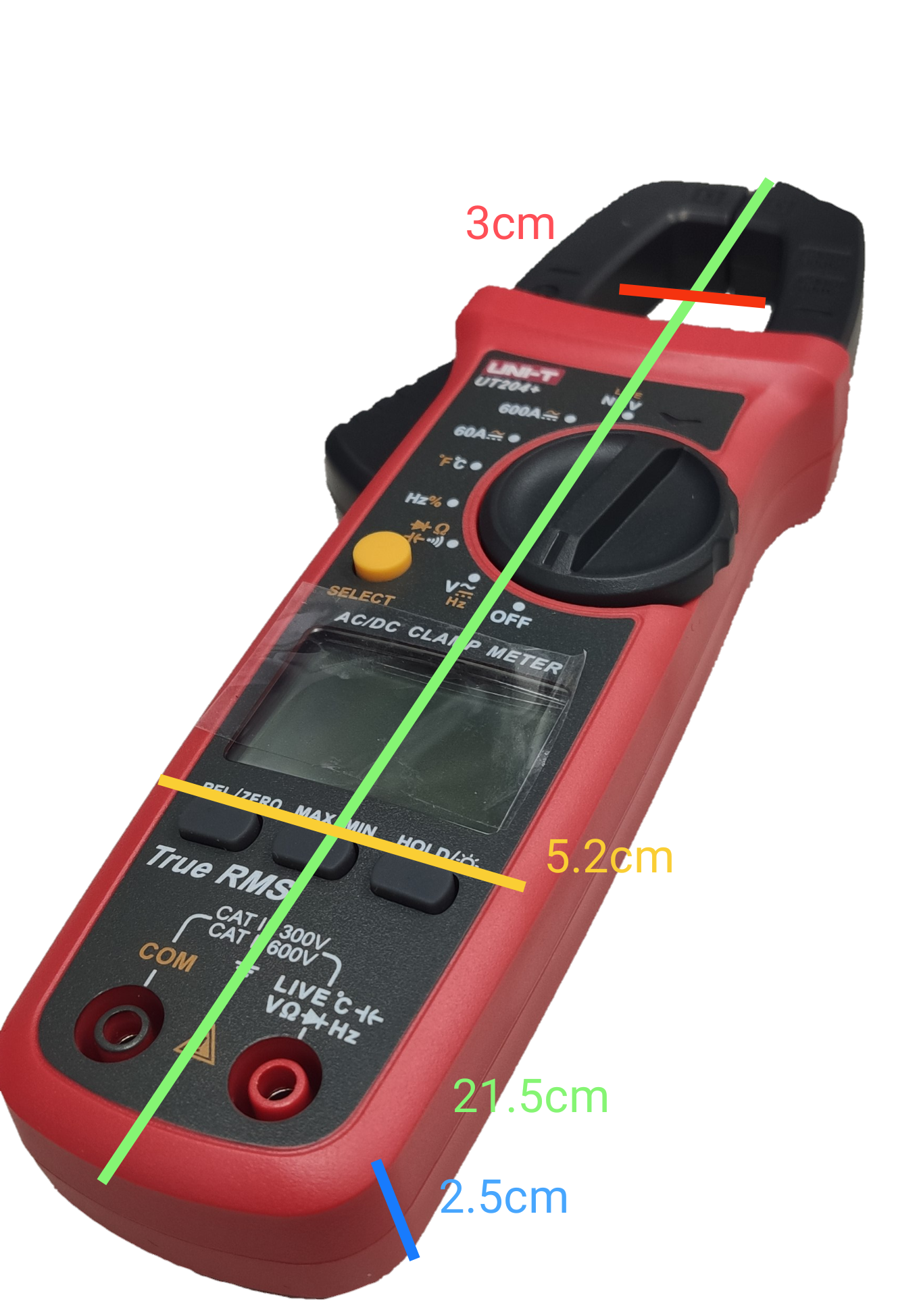 UNI-T Digital Clamp Multimeter in red and black with measurement dial and LCD display for electrical testing