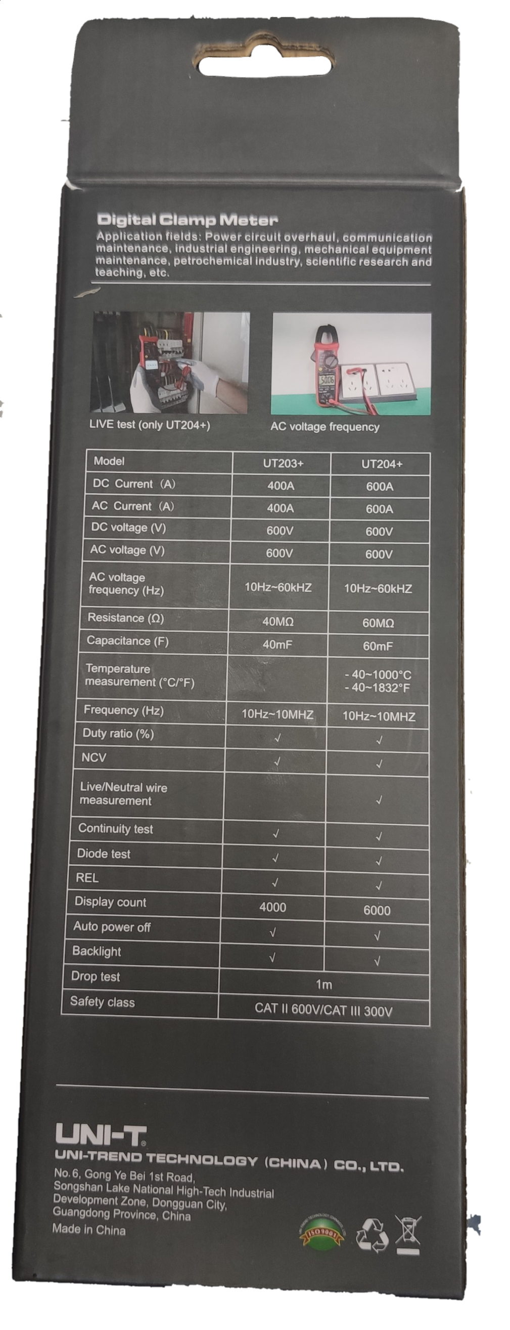 UNI-T Digital Clamp Multimeter packaging with detailed specifications and features listed on the back