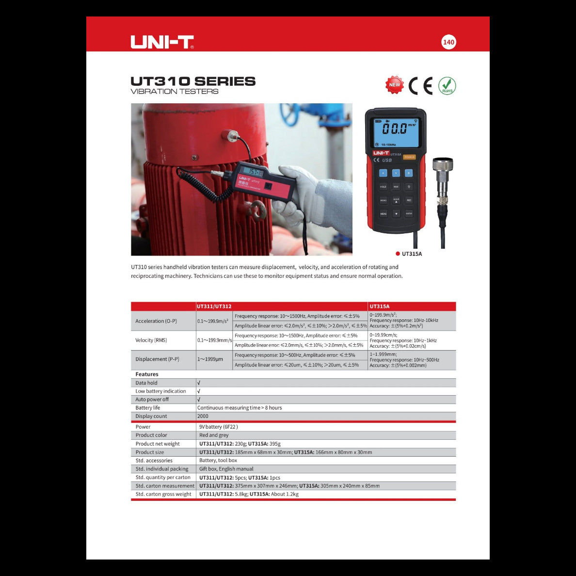 UNI-T UT-312 vibration tester with digital display for measuring vibration parameters and maintenance