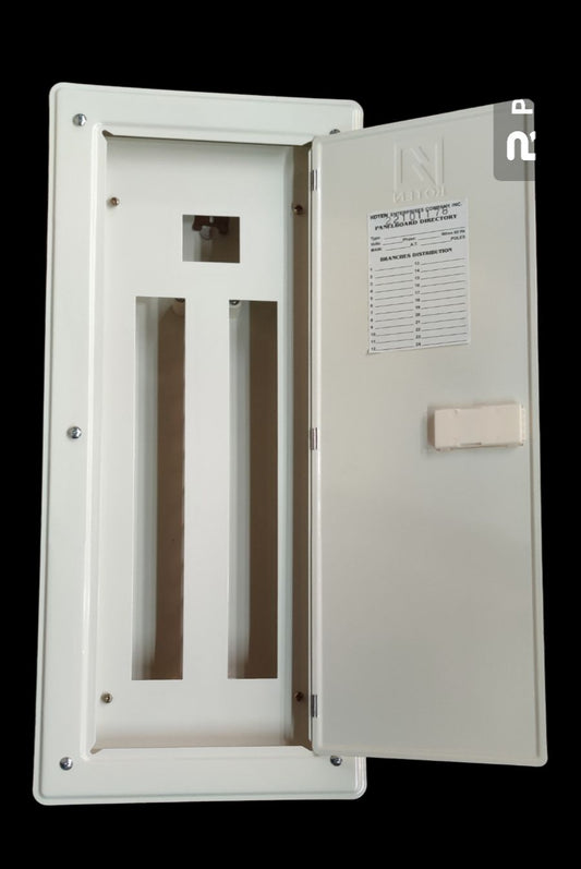 Royu & Koten 2 pole miniature circuit breaker panel with white metal enclosure and open door
