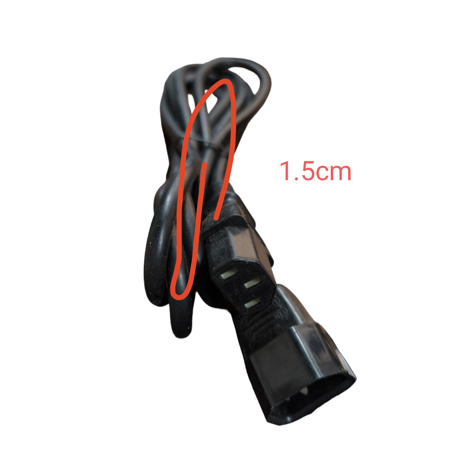 Black coiled China C13 to C14 AC power cord with molded connectors shown close up for PC and server use