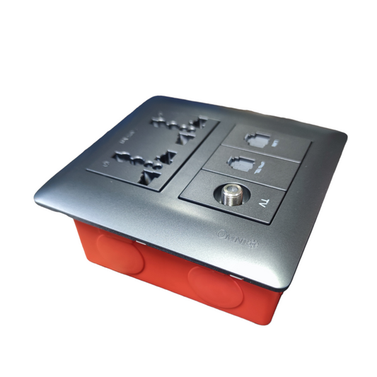 Omni universal duplex outlet with LAN and TV in silver and red for power and connectivity