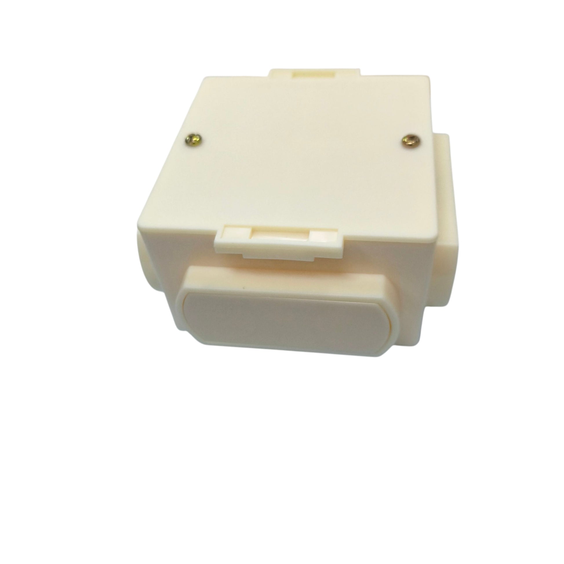 White plastic Bull Junction Box and Utility Box H4 with snap cover screws and side conduit openings for wiring