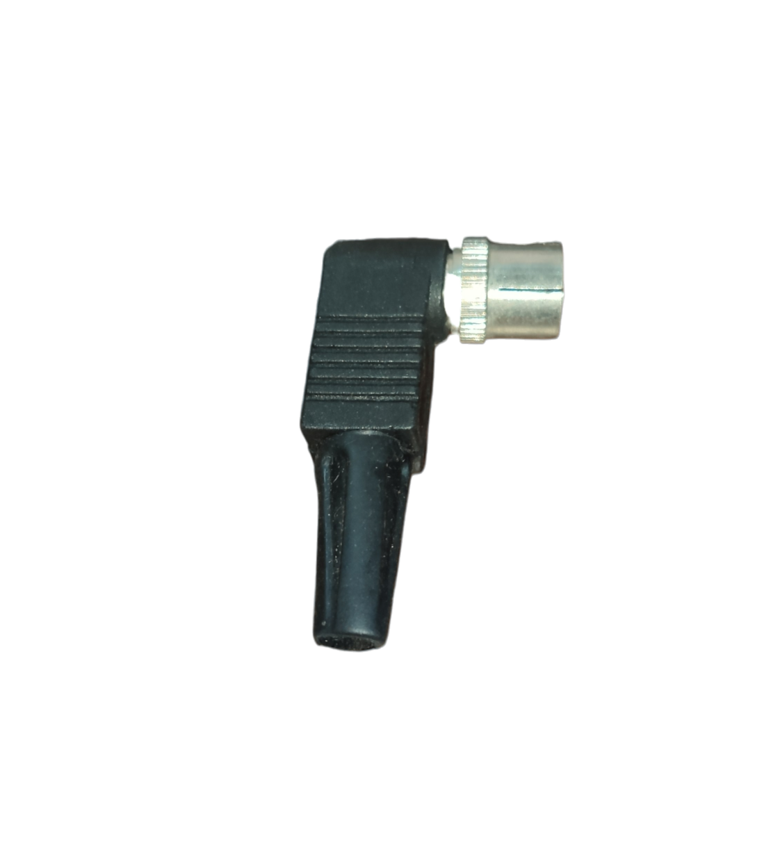 China PAL Plug L Type right angle TV coax connector with black rubber housing and metal collar
