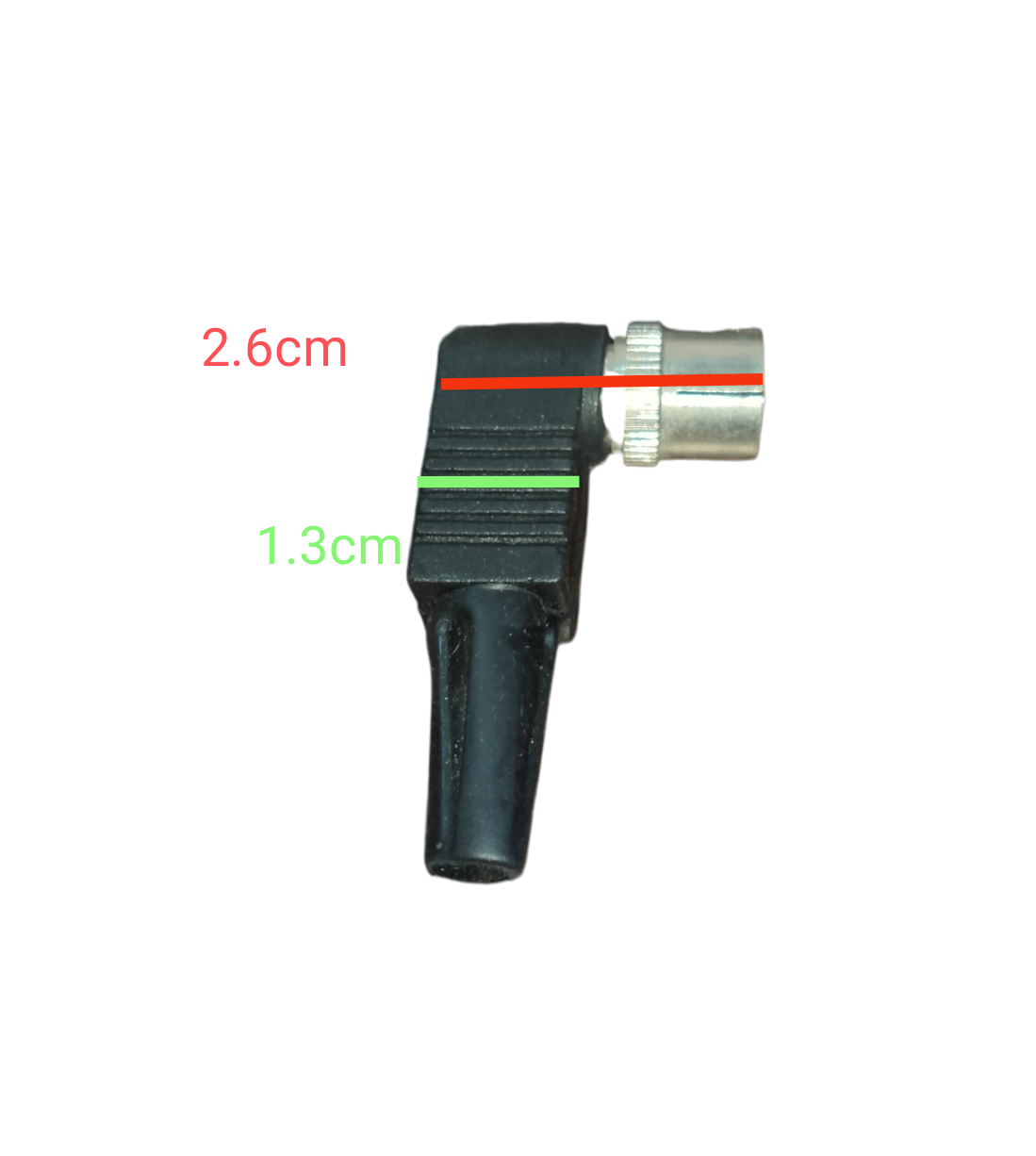 PAL Plug L Type right angle TV antenna connector for coax cables showing 2.6cm and 1.3cm dimensions China vendor
