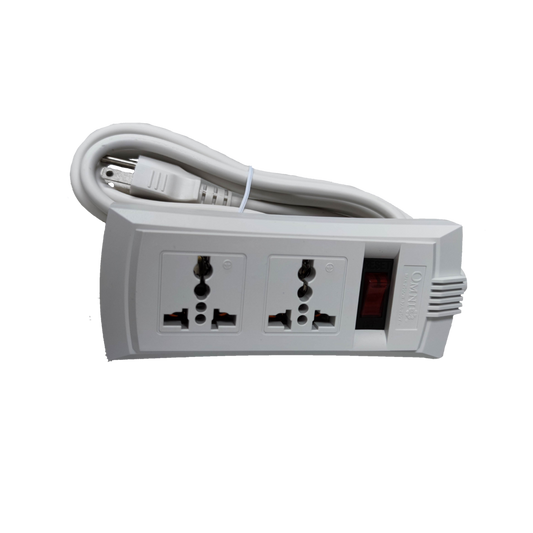 Omni universal power strip with single switch featuring two universal outlets and a long white cord