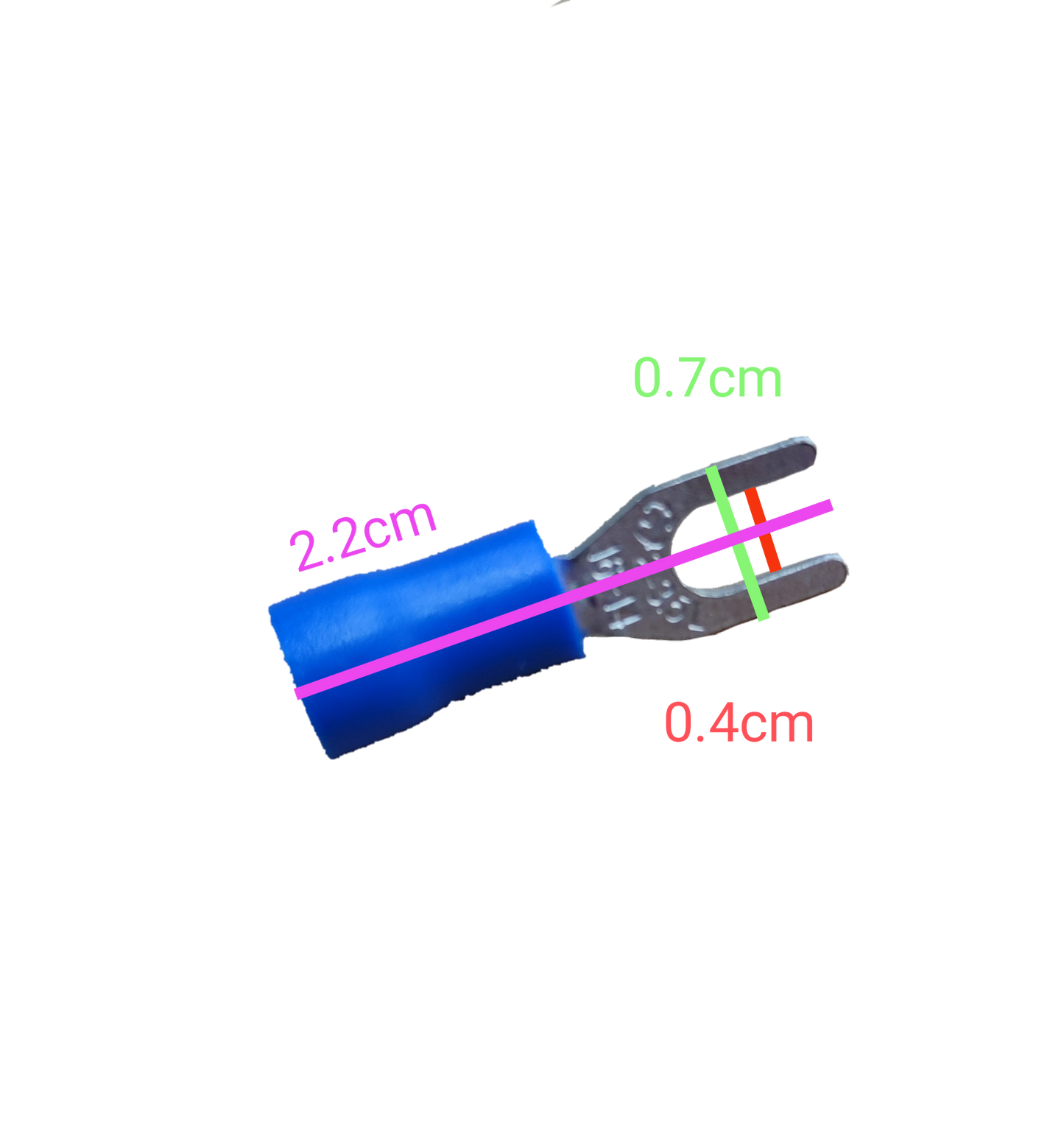 Lugs Y Type Blue Insulation 3.5mm insulated fork spade connector with blue vinyl sleeve showing dimensions