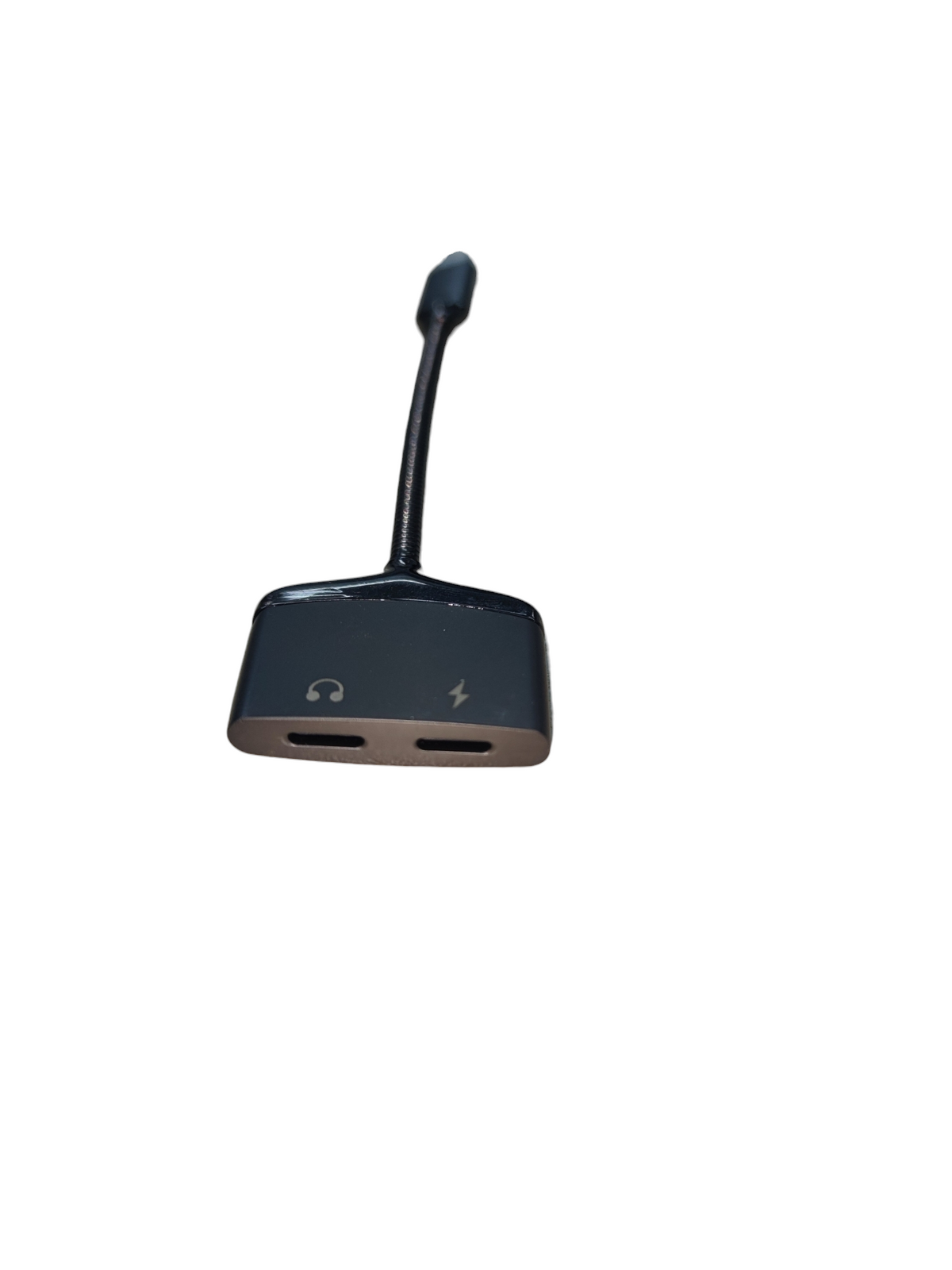 Black USB-C Earphone and Charging Port adapter with dual slots for audio and power
