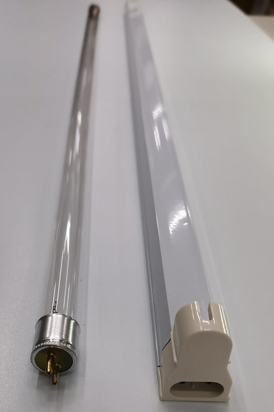 UV-C Germicidal Tube fluorescent tubes by Firefly and China shown side by side on a white surface