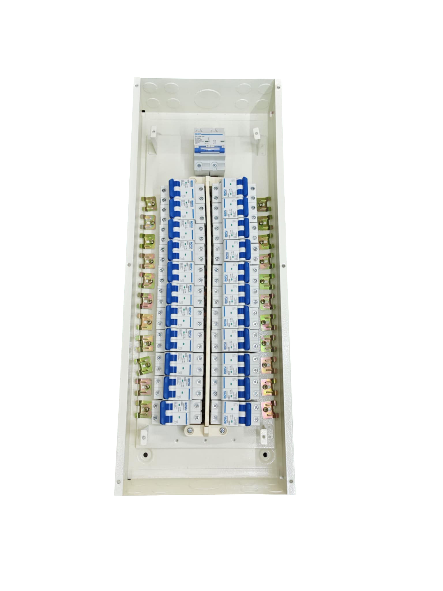 Chint 100A panel board 2 pole with multiple circuit breakers in a white metal enclosure