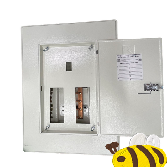 Koten and Taiyou 200A panel board with circuit breakers in metal enclosure with open door