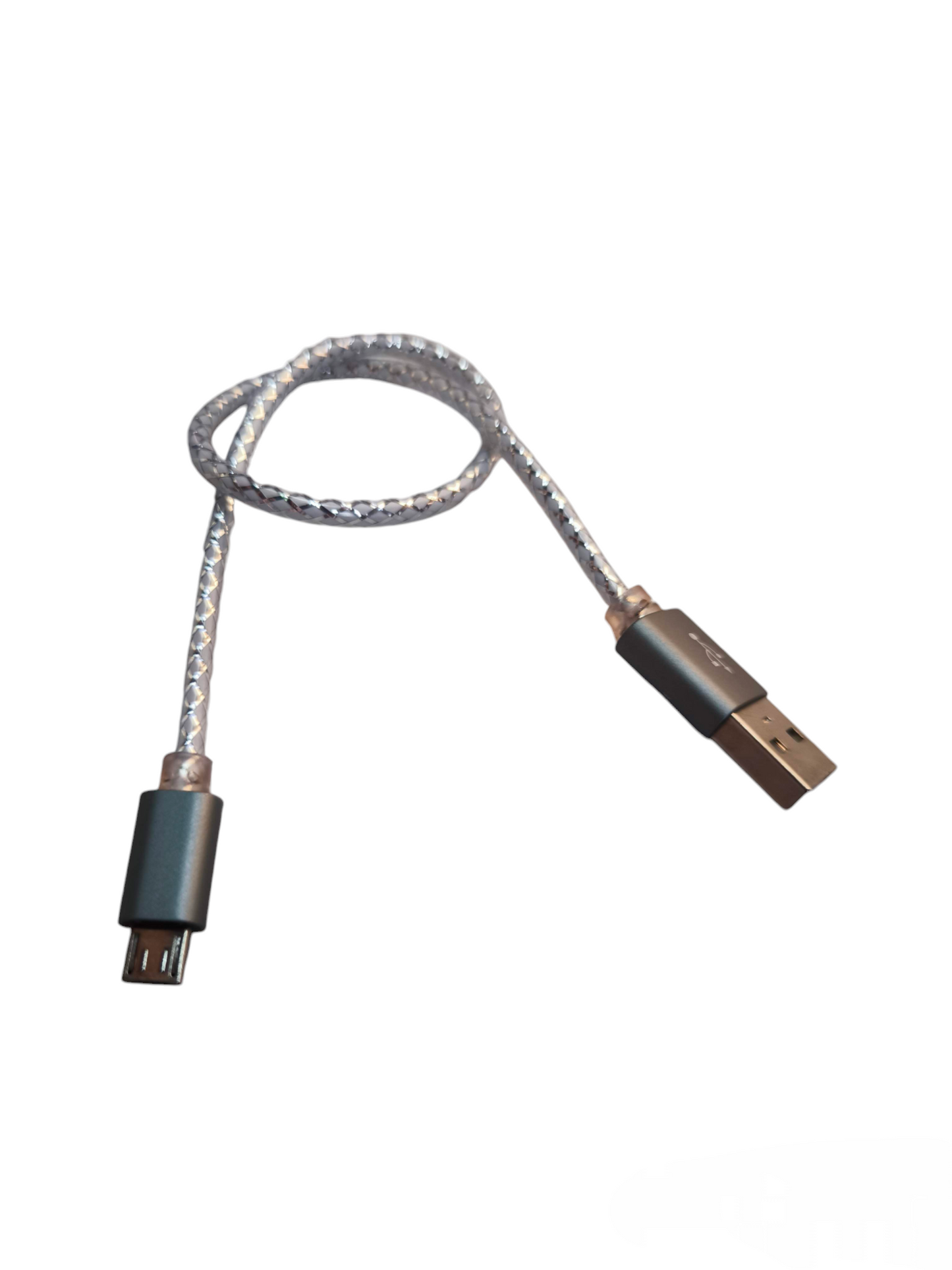 30cm micro USB charging cable with braided silver design and black connectors from China