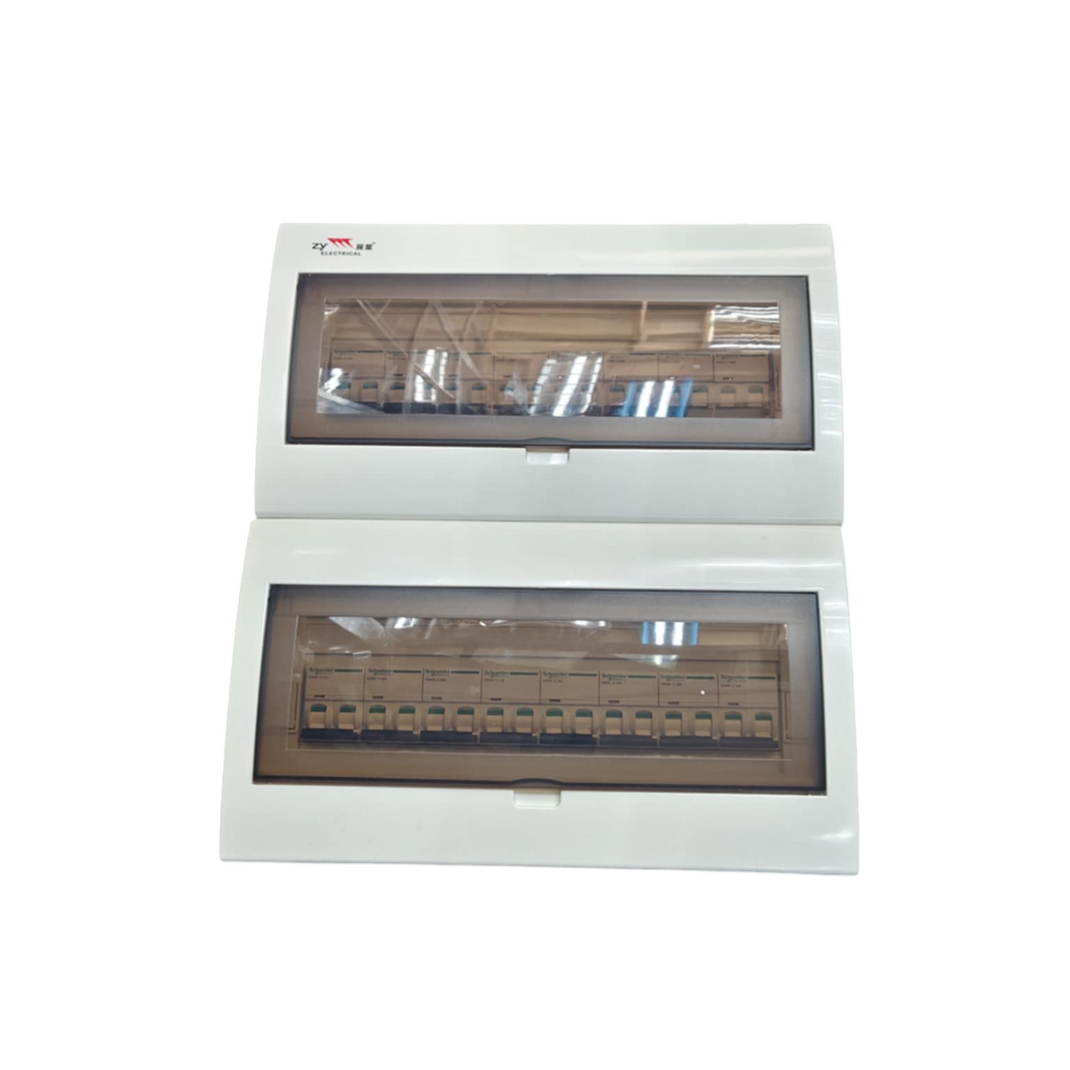 Schneider ZY Panel Board 50A 2 Pole Main Miniature electrical circuitry with transparent covers