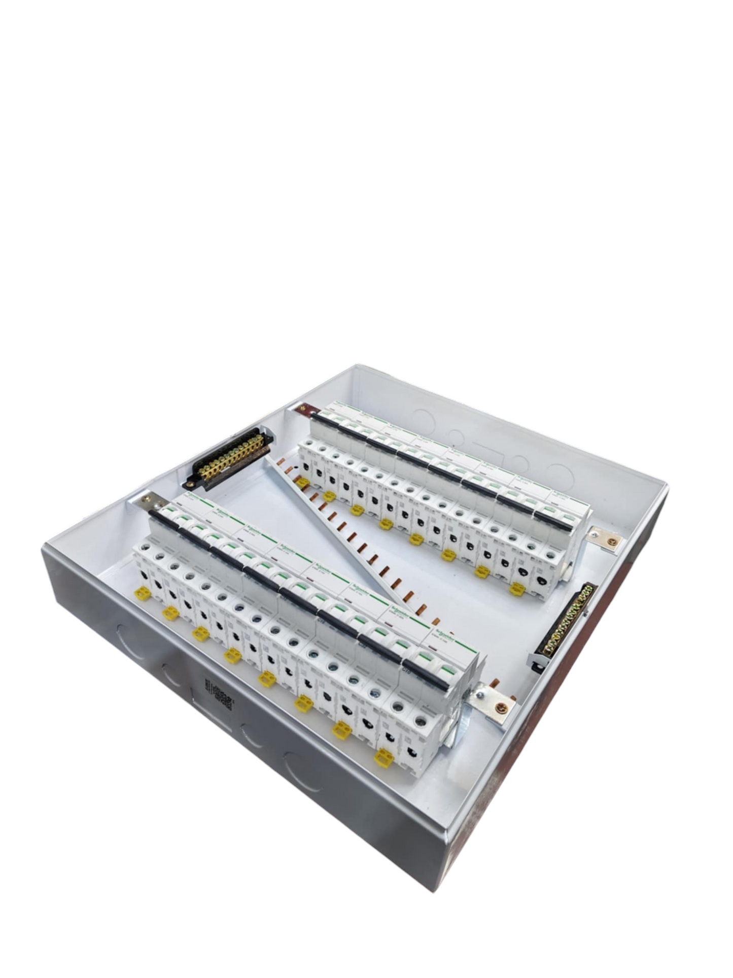 Schneider and ZY Panel Board 50A 2 Pole Main Miniature electrical circuitry with multiple circuit breakers