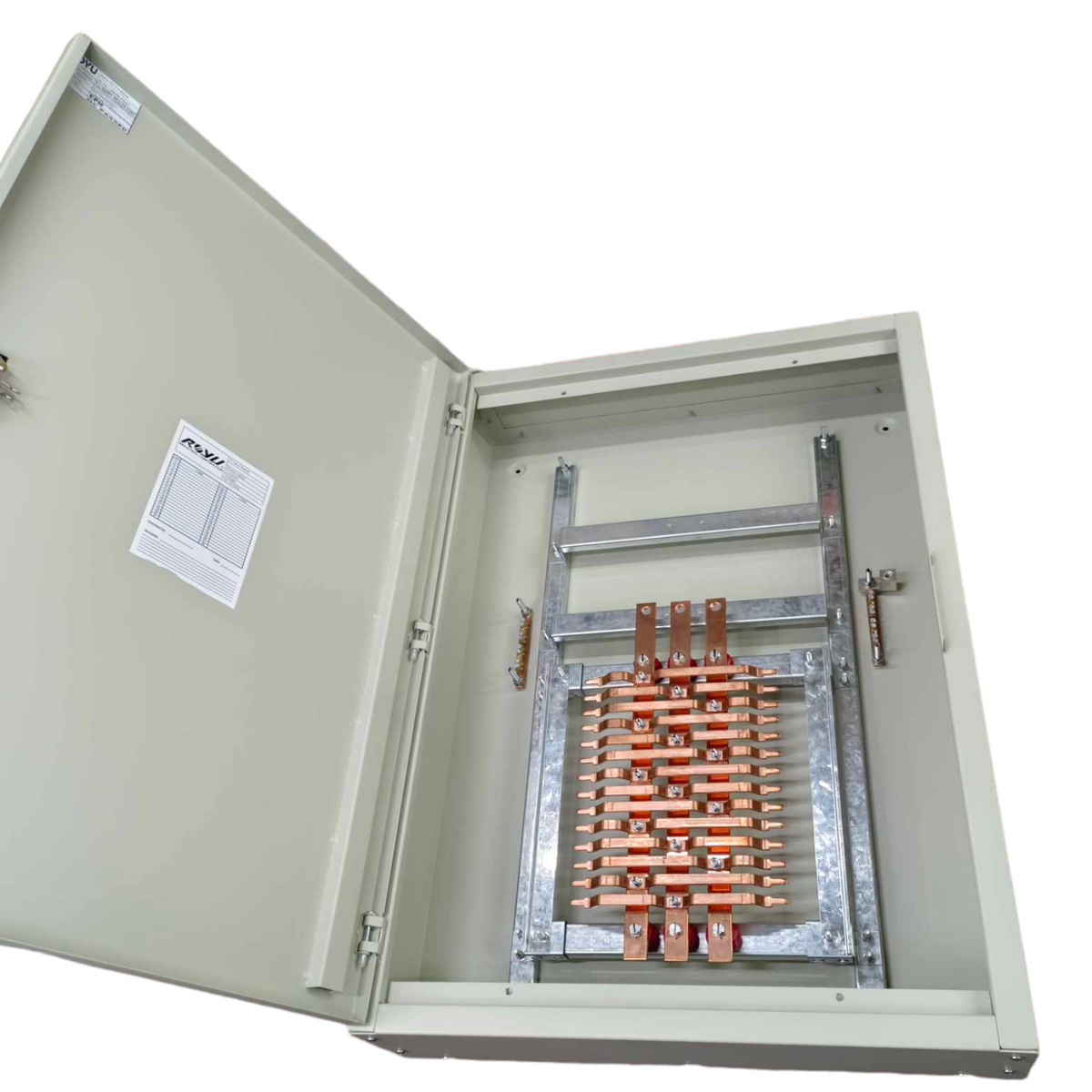 Schneider and Royu Panel Board For EZC250 Main 3 Pole with metal copper busbars inside an open gray electrical enclosure