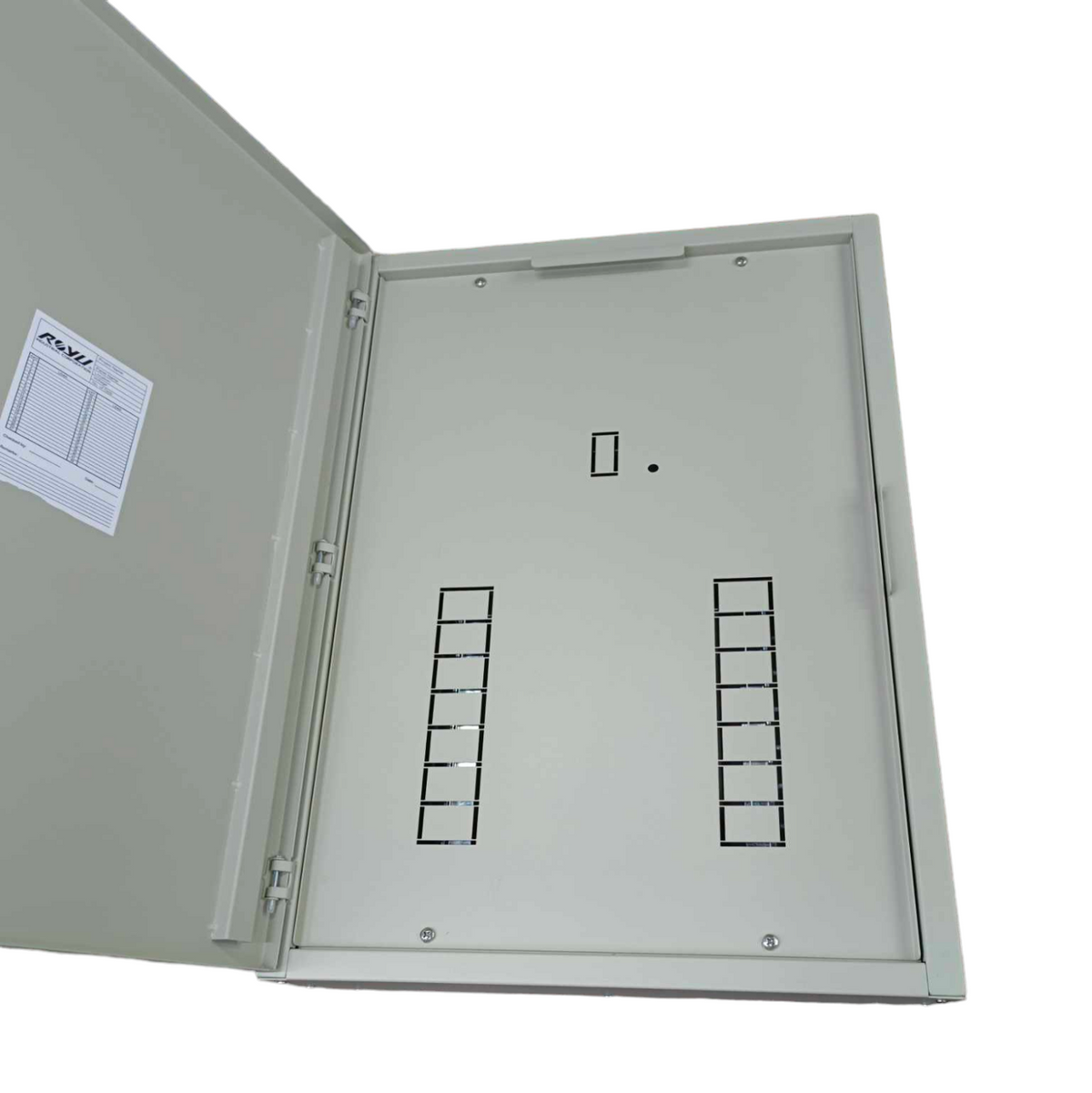 Schneider & Royu Panel Board For EZC250 Main 3 Pole with metal enclosure and open door showing circuit slots
