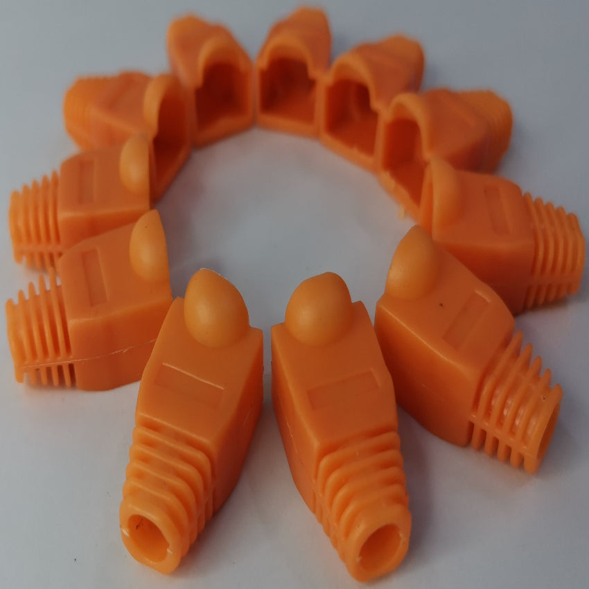 Orange Rubber BooT RJ45 Grippes arranged in a circle for network cable protection