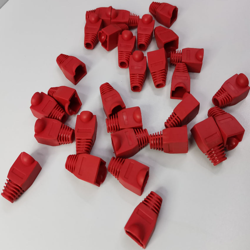 Multiple red Rubber BooT RJ45 Grippes protective covers for electrical circuitry and network cables