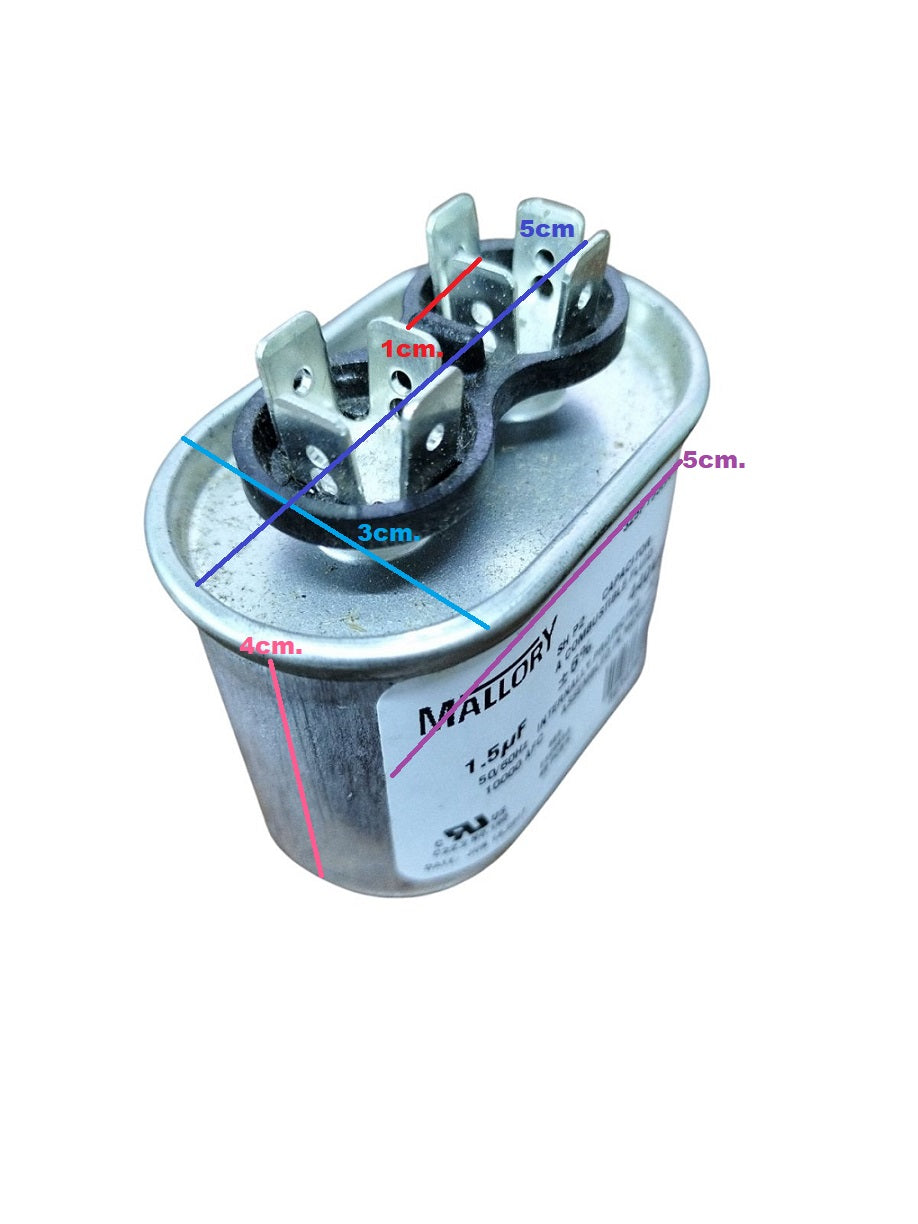 Mallory Oil-Filled Metallized Polypropylene Film Running Capacitor 1.5UF 440V AC 50/60Hz Cylindrical Aluminum Can, With Resin-Sealed Terminals, Assembled in MEXICO