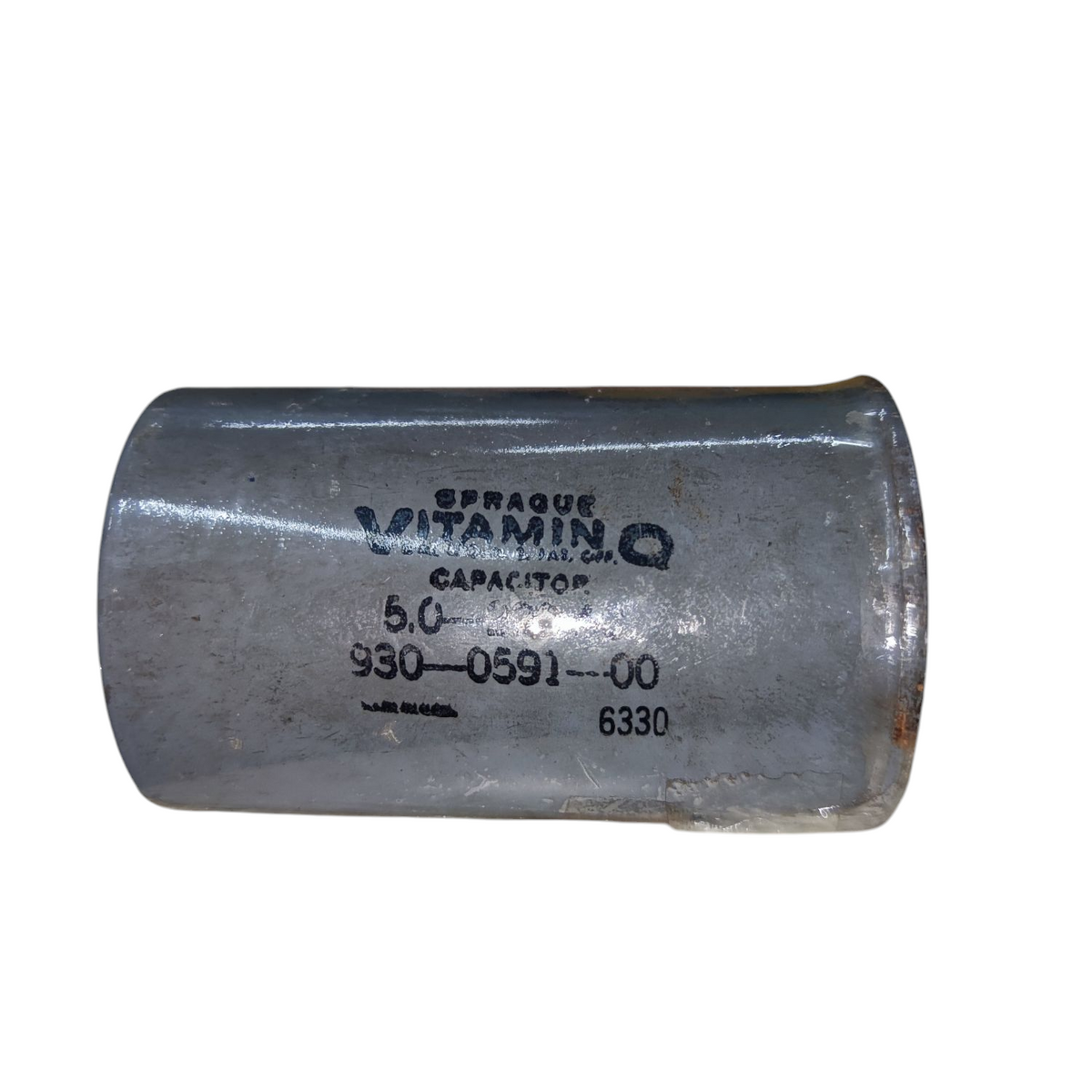 Sprague 5 uF 220V capacitor for sale, featuring a durable metal casing and clear label details