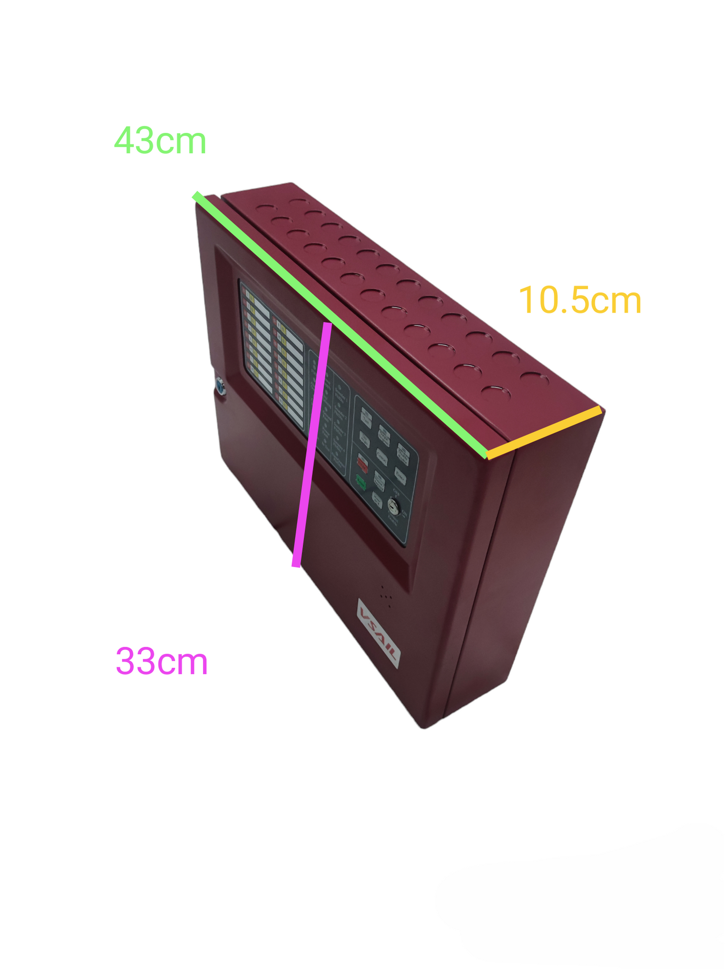VSAIL Control Panel Conventional Type 16 Zones fire alarm detector with dimensions 43cm by 33cm by 10.5cm