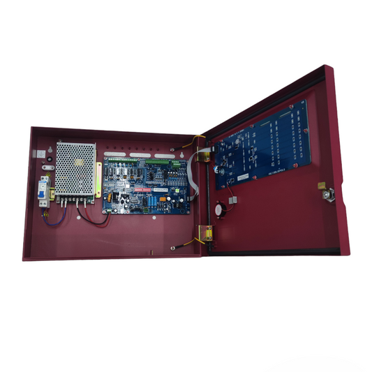 VSAIL Control Panel Conventional Type 8 Zones fire alarm system with open red metal casing showing internal circuit boards