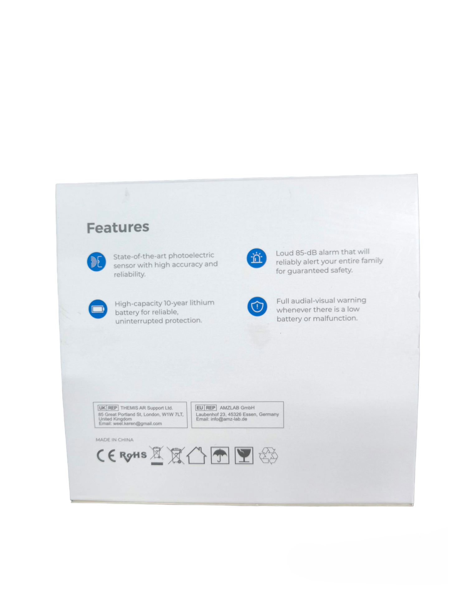 Photoelectric Smoke Alarm Watcher packaging showing features of the smoke detector with 10-year battery and loud alarm