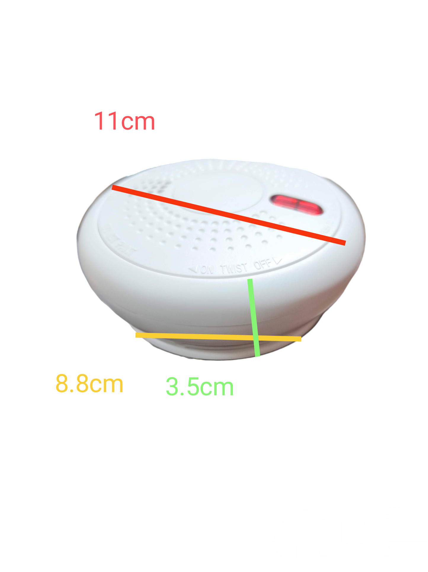 Photoelectric Smoke Alarm Watcher with white circular design and dimensions shown for home safety