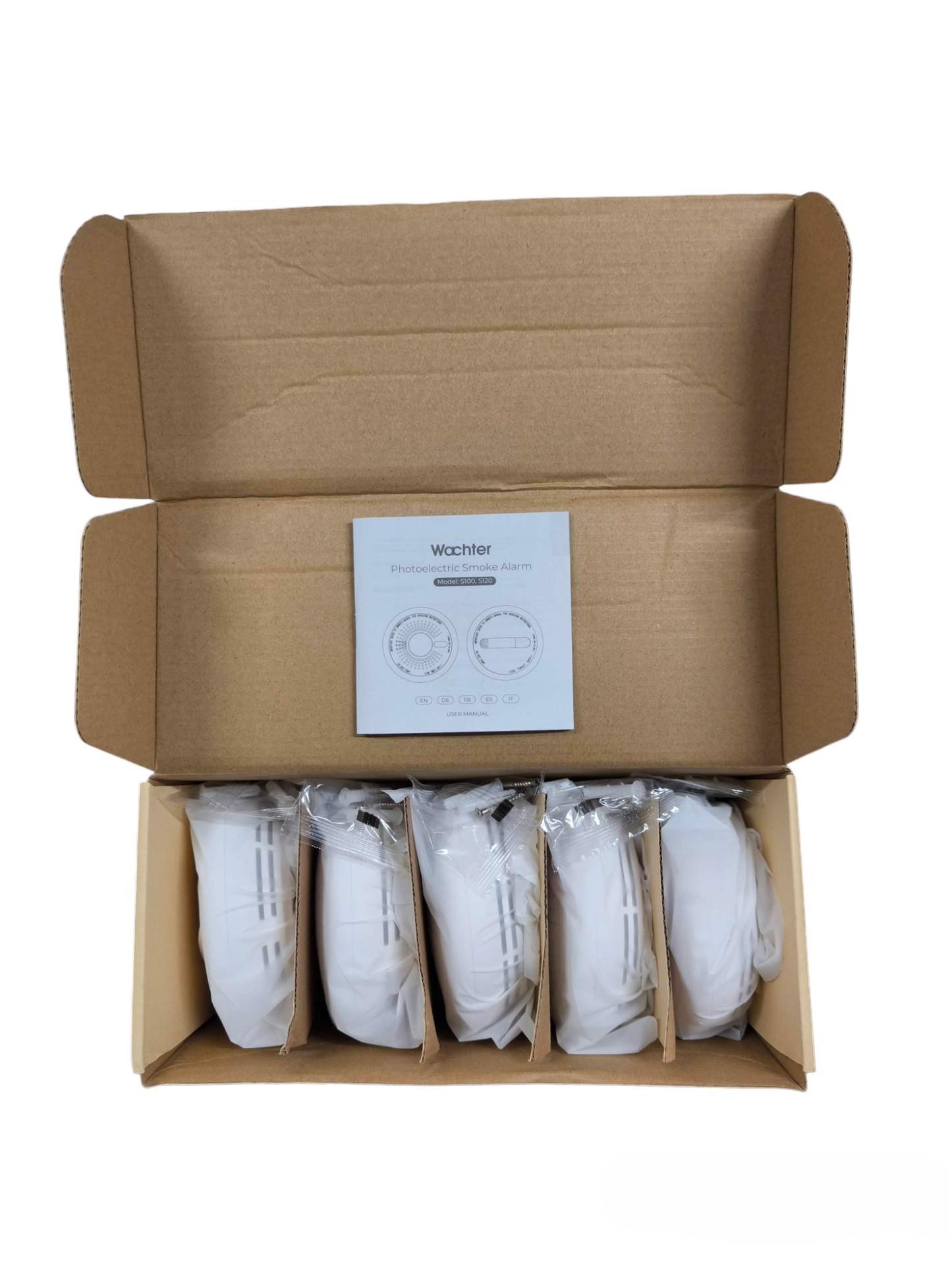 Photoelectric Smoke Alarm Watcher five-pack security system devices in open cardboard box with user manual