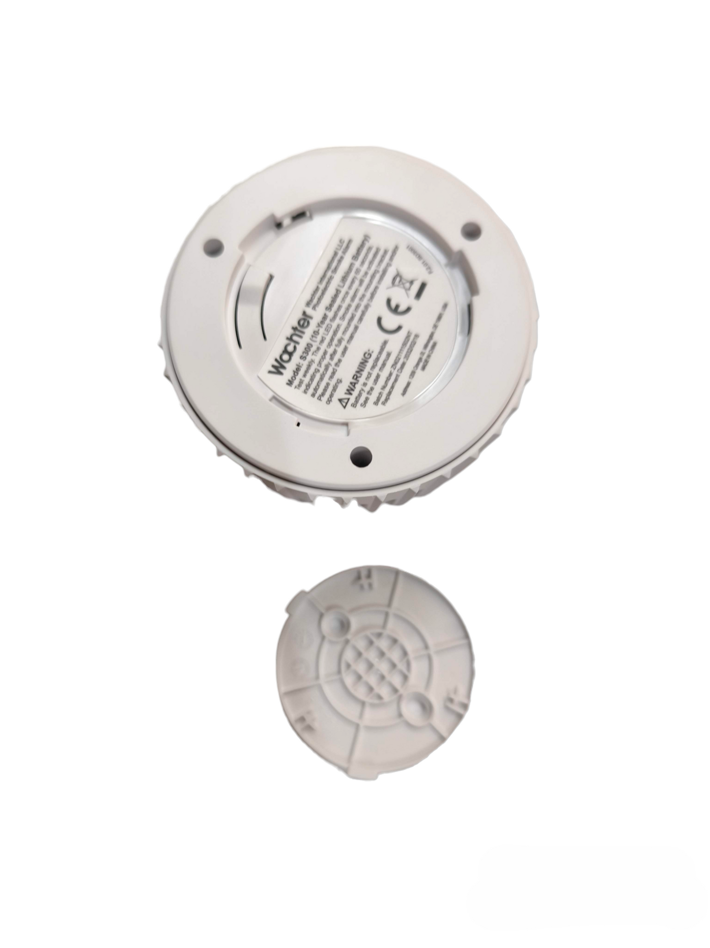 Watcher photoelectric smoke alarm with battery showing back view and mounting plate for security system