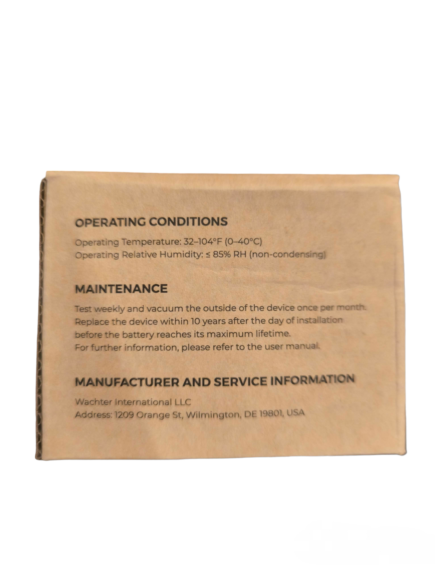 Watcher Photoelectric Smoke Alarm With Battery packaging box showing operating conditions and maintenance instructions