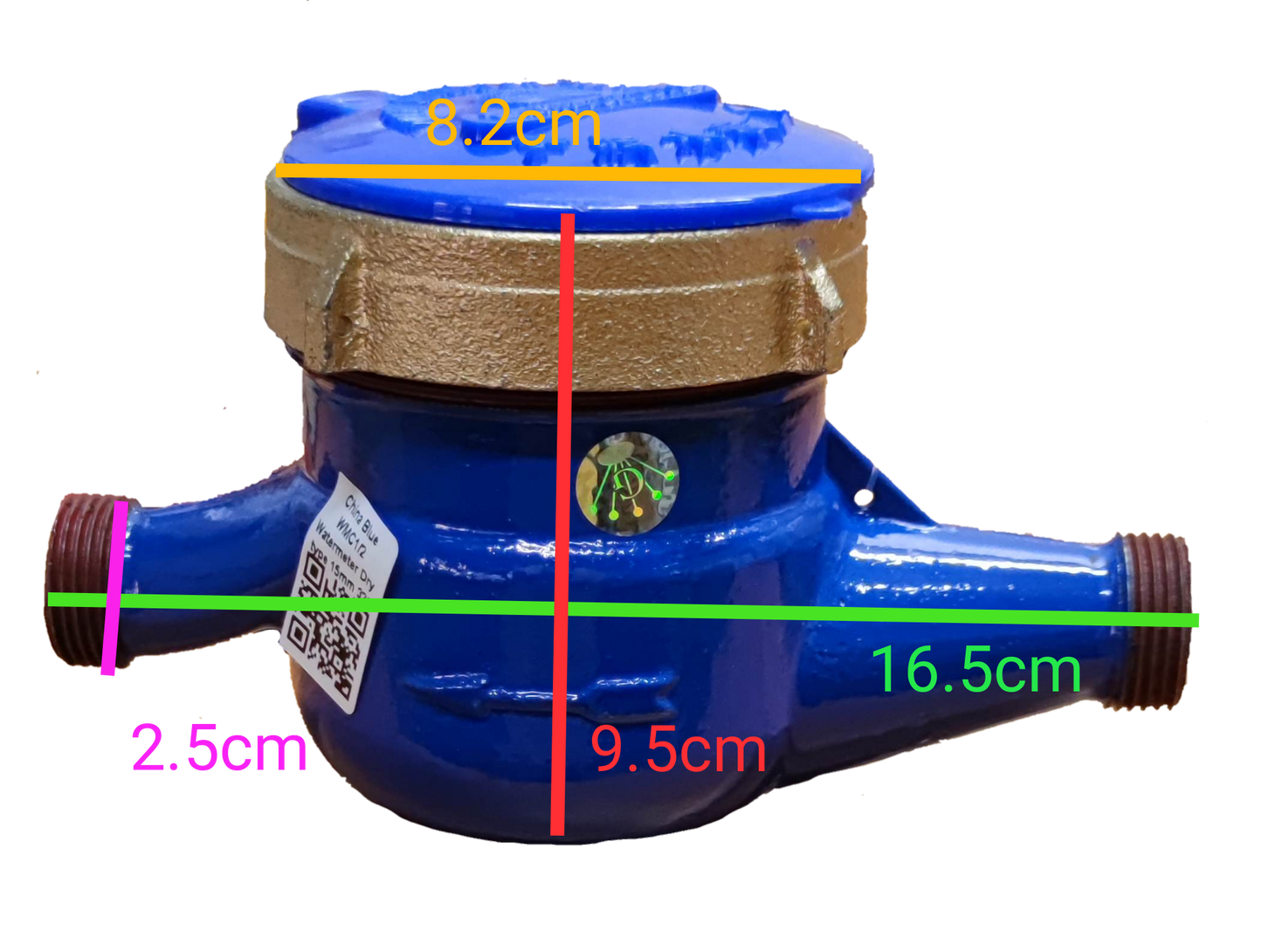 Water Meter Metal Die Cast with blue body and brass top, measuring 16.5 cm length and 9.5 cm height