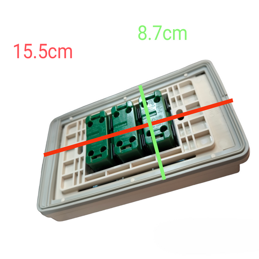 Omni Weatherproof 3 Gang 1 Way Switch 16A showing back view with dimensions 15.5 cm by 8.7 cm