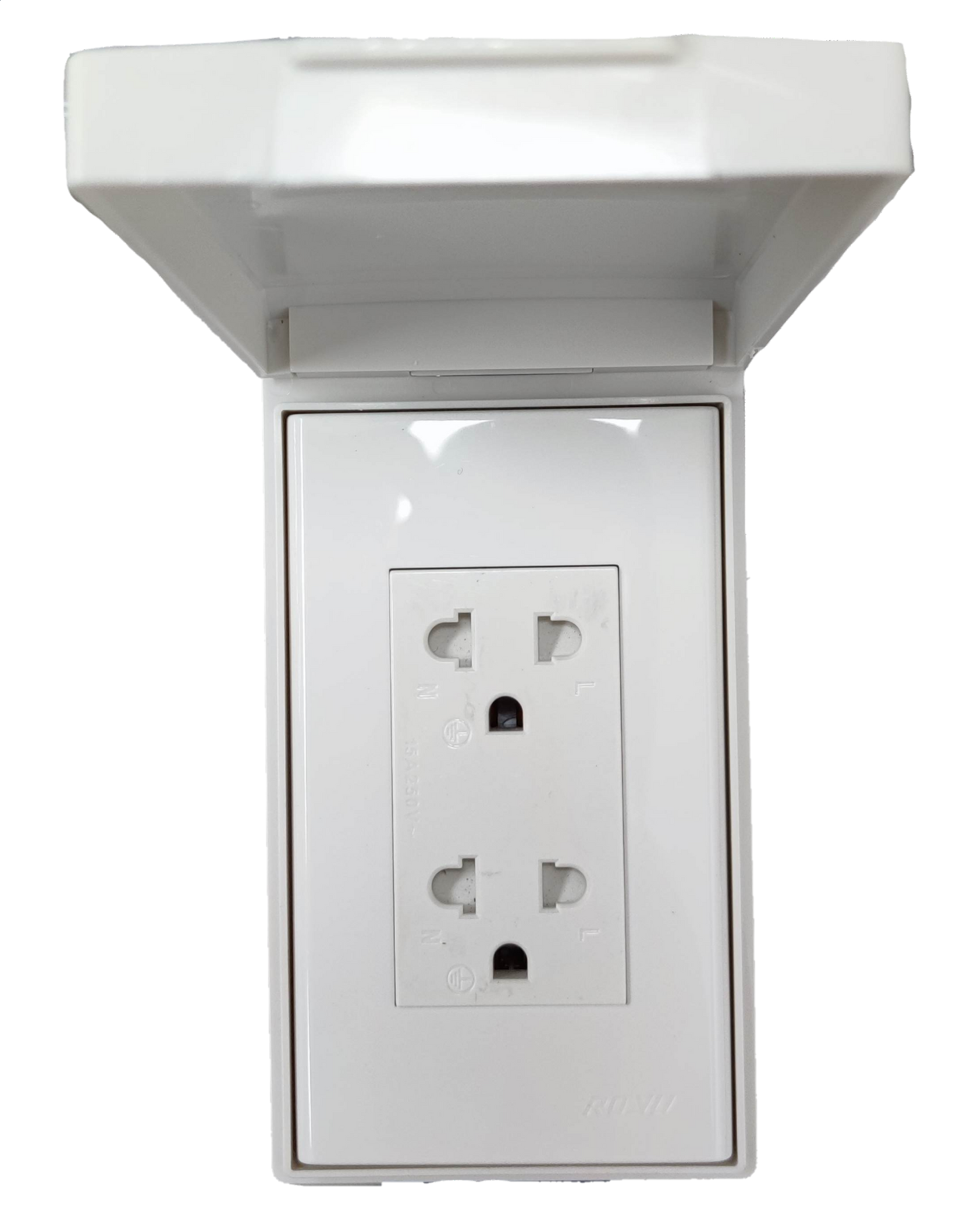 Royu Weatherproof Duplex Universal Outlet Wide Series white electrical outlet with protective cover
