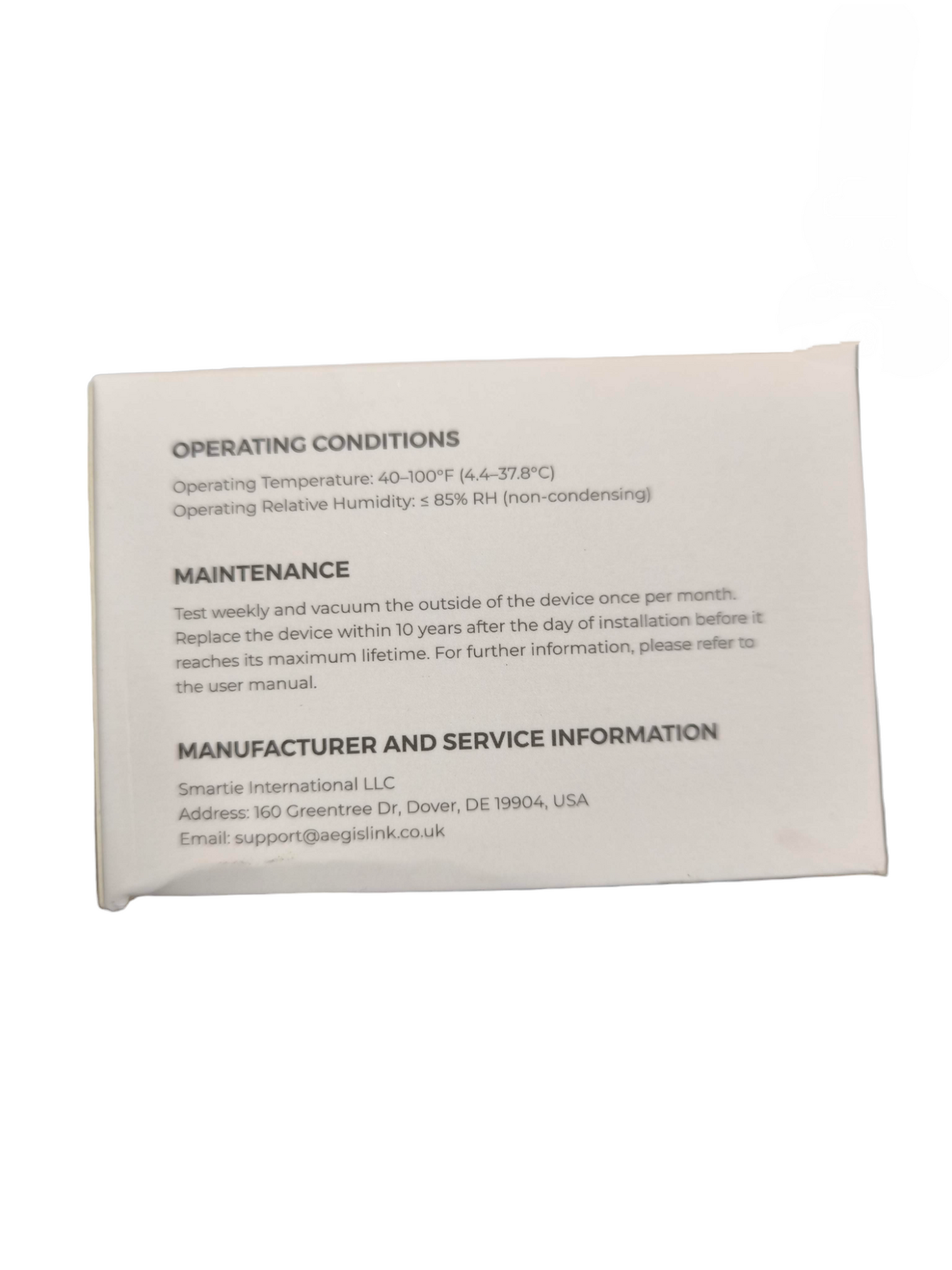 Aegislink Wireless Interlinked Smoke Alarm product box showing operating conditions maintenance and manufacturer information
