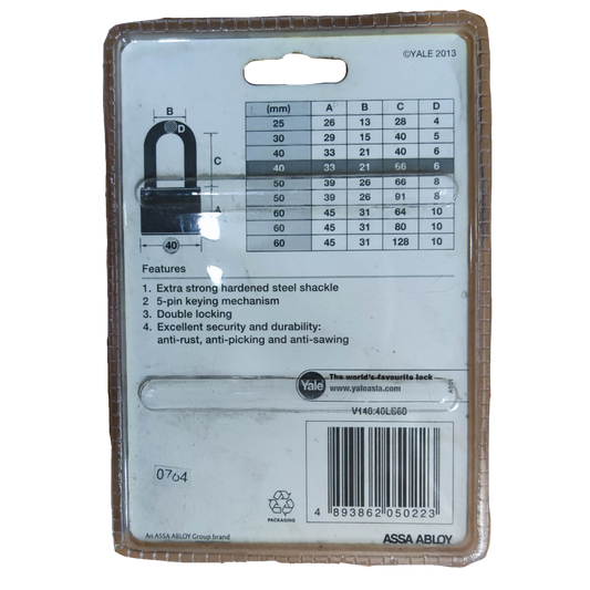 Yale Brass Padlock 140 with extra strong hardened steel shackle and double locking mechanism