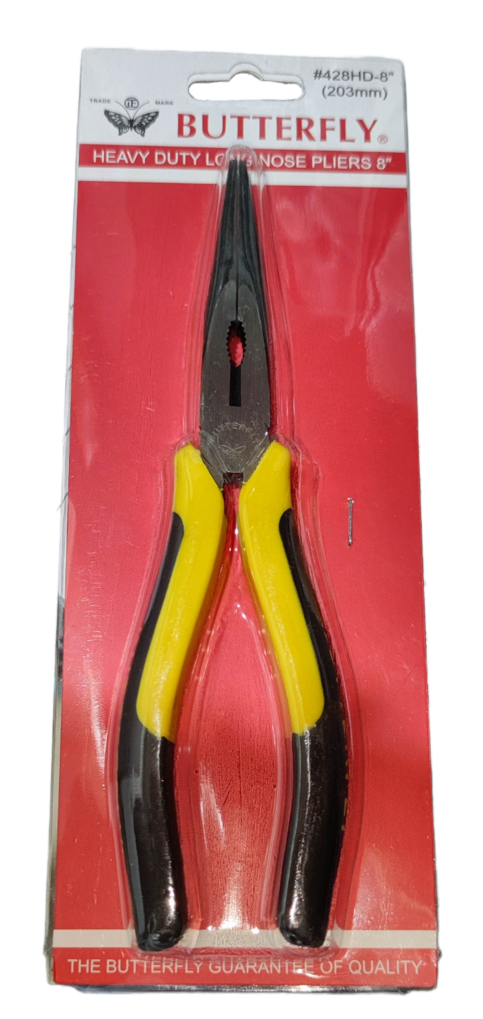 Butterfly 8 Inches Needle Nose Pliers with yellow and black handles in red packaging