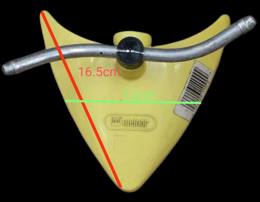 Yellow metal garden hose sprinkler with curved dual spray arms and measurement markings