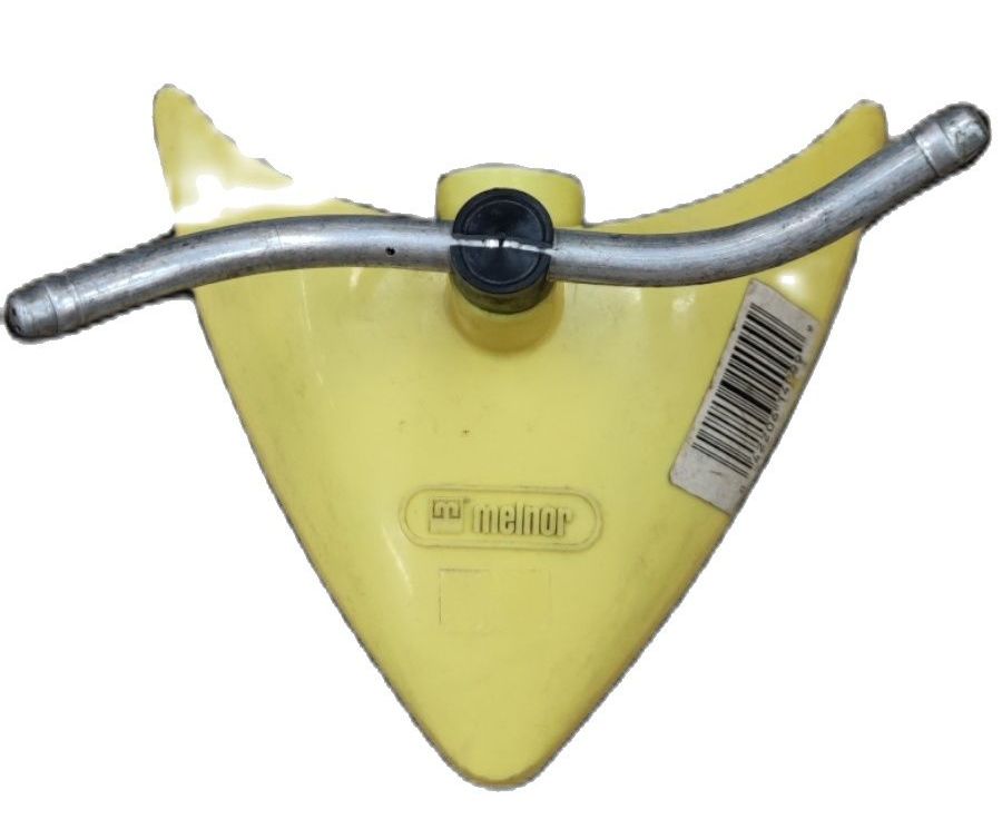 Yellow triangular garden hose sprinkler with metal rotating arm for watering plants