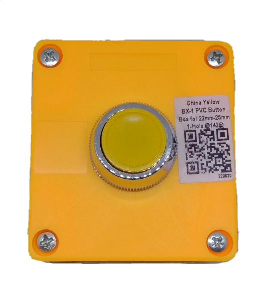 Auspicious yellow push button switch mounted on a square yellow PVC box with metal screws