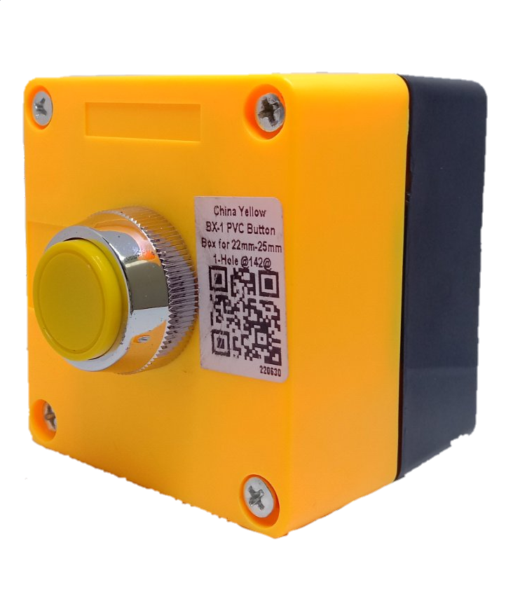 Auspicious yellow push button switch with bright yellow button on a square yellow and black casing