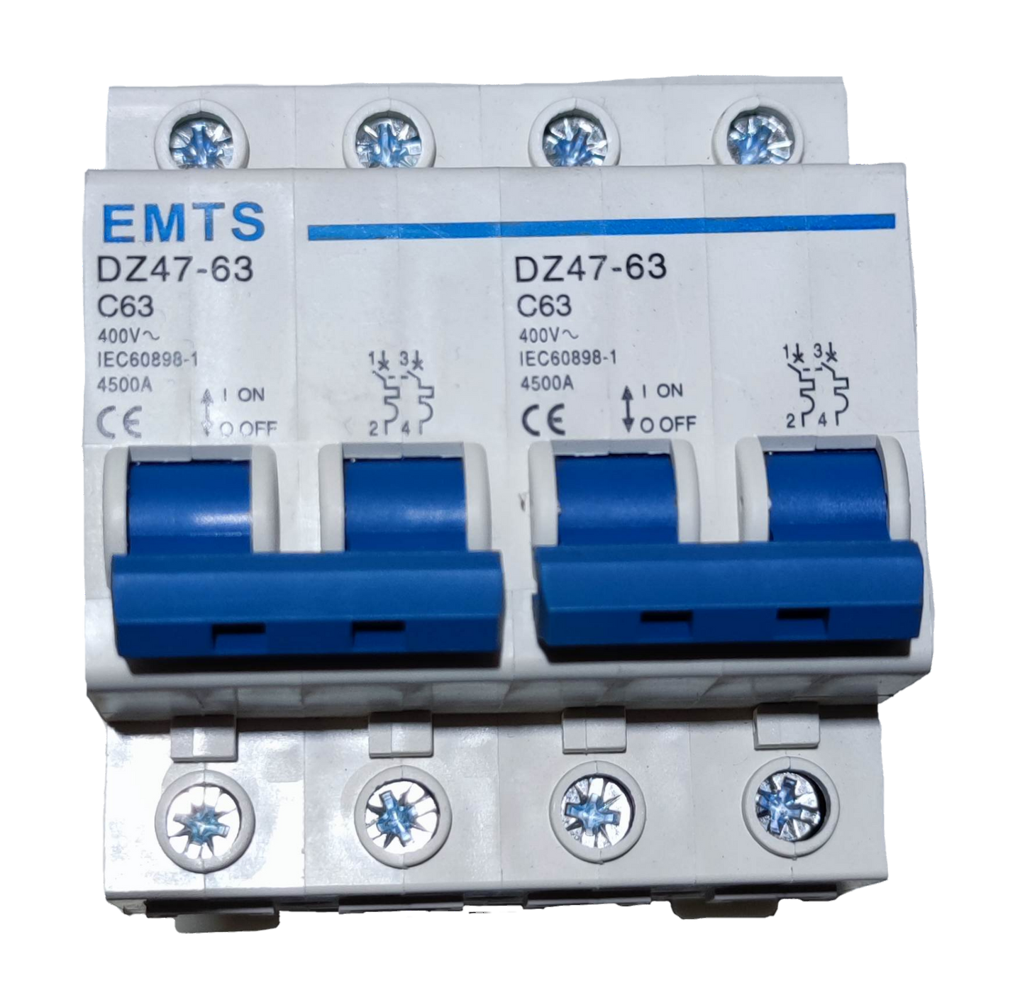 63A 2 pole circuit breaker 250V Miniature with blue switches and clear labeling for electrical protection