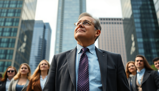 Do an image of a gentleman in his fifties that wears business casual attire with a teary emotional state and standing infront of a group of people that admires and looking up to his accomplishments with their backgroun tall buildings