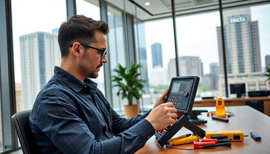 A person doing testing a set of electrical tools, and his background is a big nice office in which he has a desk and luxury item, on the window you can see tall buildings with Electx Electrical Supply on them