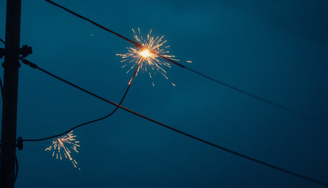Electrical Wires traveling upwards with sparks on the end and shows government seals logo that causes the sparks into fire or burned marks with a background of everyday life 