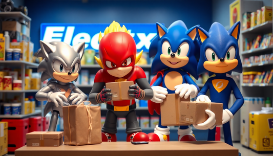Electx Electrical Supply Shop Staff gives parcels to Characters look like flash and Marvel Quick silver and Sonic the Hedgehog, Speedy Gonzales  to show fast