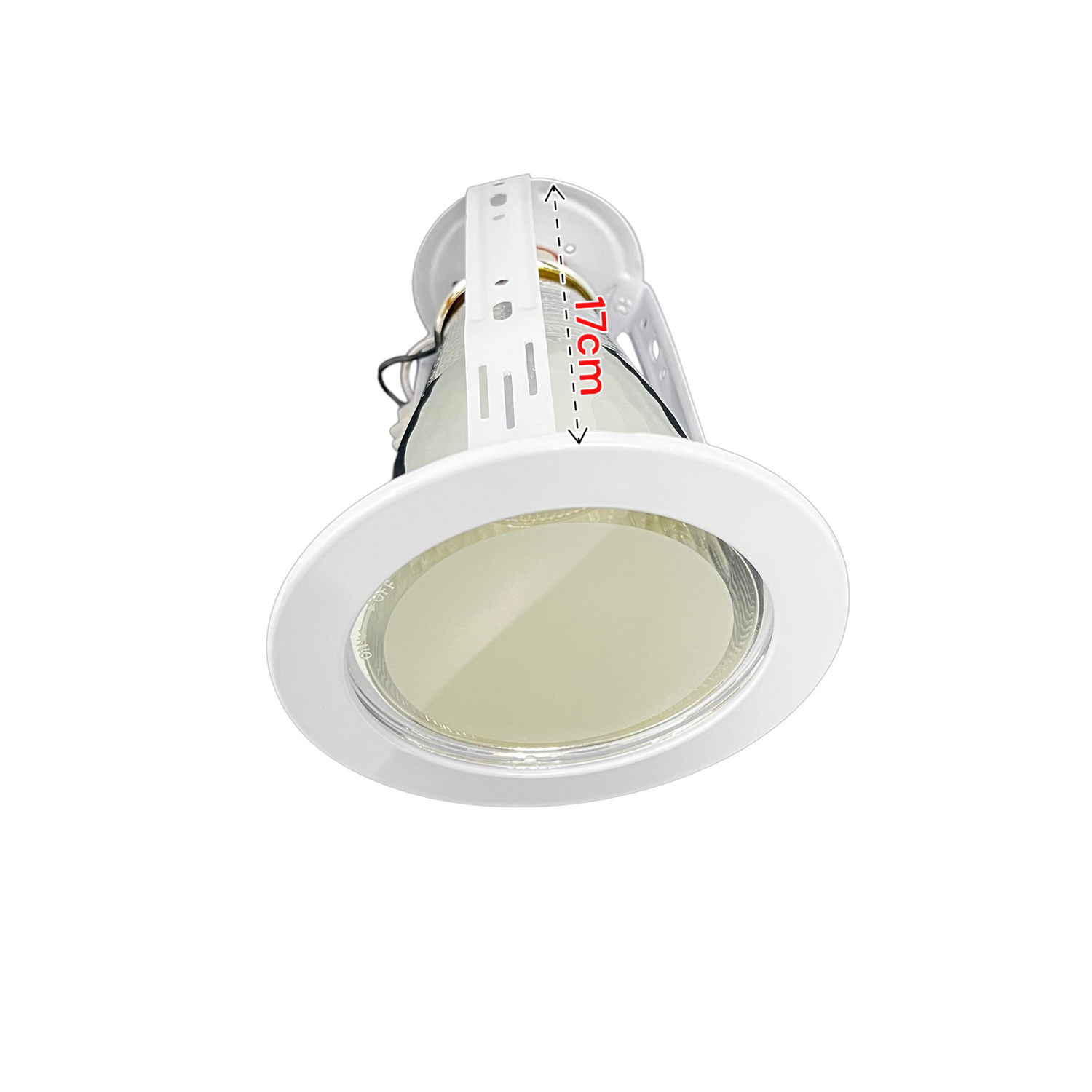 White downlight fixture with glass cover featuring a modern design and clear diffuser for interior lighting