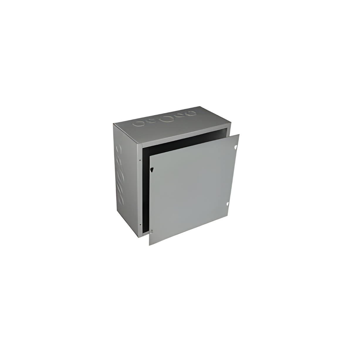 Gray metal pull box electrical enclosure with an open front panel for housing switches and wiring connections