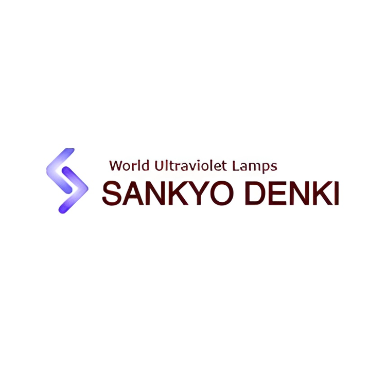 Sankyo Denki UV lamp brand logo with blue symbol and text for specialized ultraviolet lighting solutions