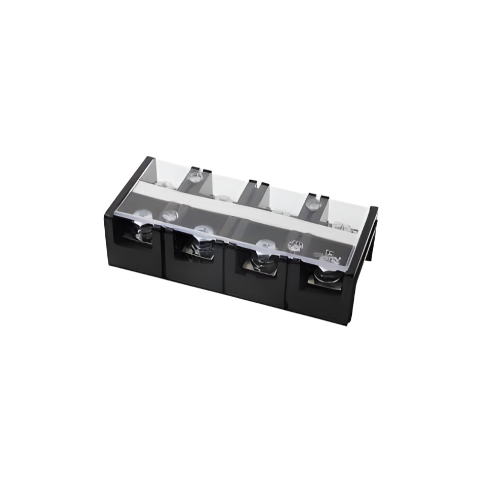Black bakelite terminal block with four wire connectors and clear protective cover